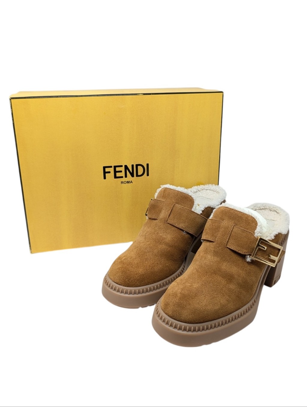 Fendi Tan Suede Shearling-Lined Slip-On Heeled Mule Clog Boot Size Eu 38.5